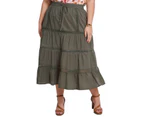 AUTOGRAPH - Plus Size - Womens Skirts - Midi - Summer - Green - Cotton - A Line - Khaki - Oversized - Woven - Lace Trim - Knee Length - Work Clothes - Grey