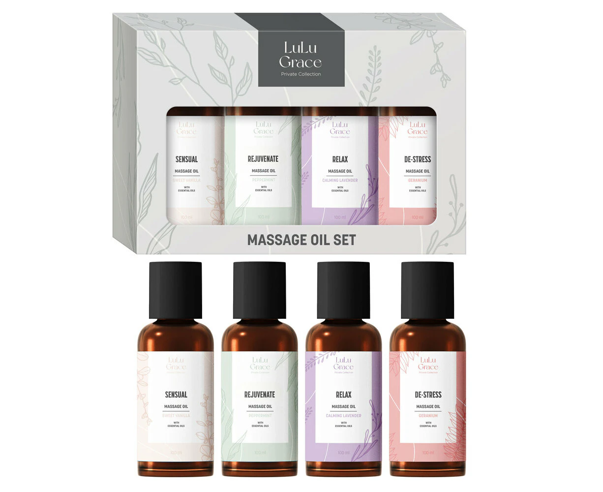 Lulu Grace Massage Oil Value Pack Geranium, Peppermint, Vanilla, Lavender 4 x 100 ml