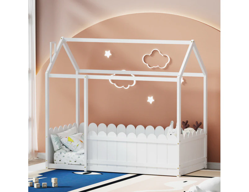 Artiss Bed Frame Wooden Kids House Single Frame White KORI