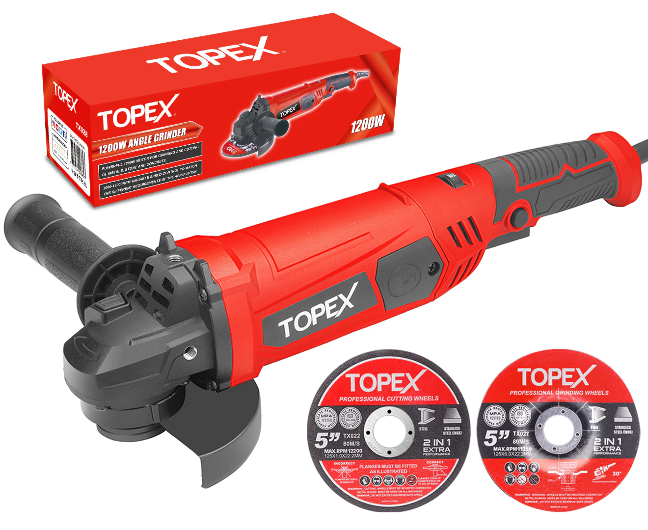 TOPEX 1200W Angle Grinder Heavy Duty 125mm 5" Angle Grinder w/ Cutting Disc