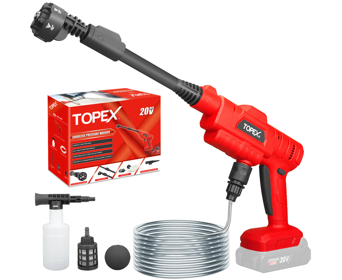 TOPEX 20V Cordless Pressure Washer Skin without Battery , 6-in-1 Nozzle for Washing Car/Wall/Floor