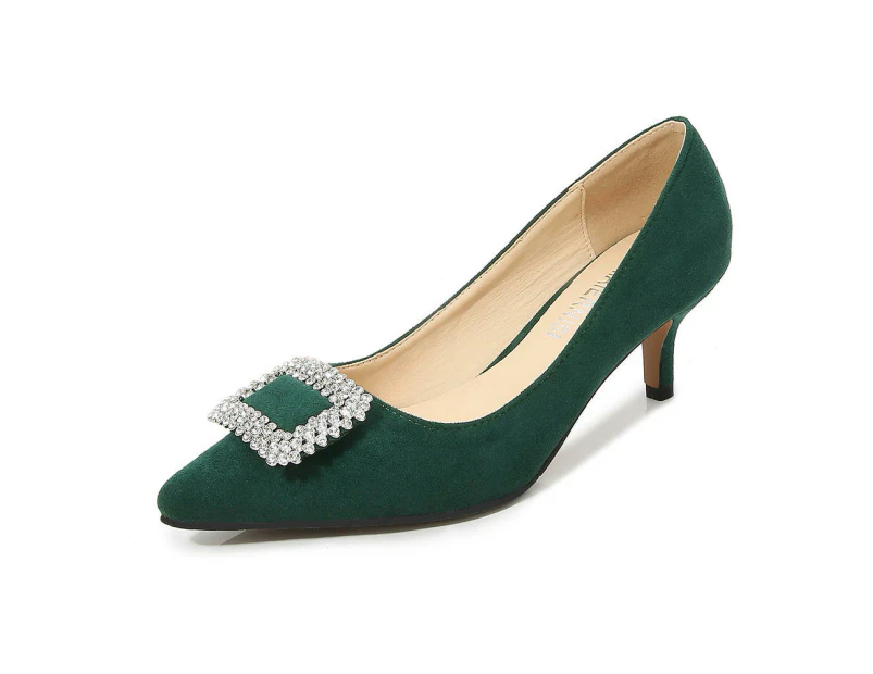 Women's High Heels Closed Pointed Toe Suede Dress Pumps Shoes-green