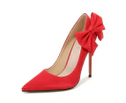 Women's Closed Toe High Heels Dress Pointed Toe Pump Bow Shoes-red