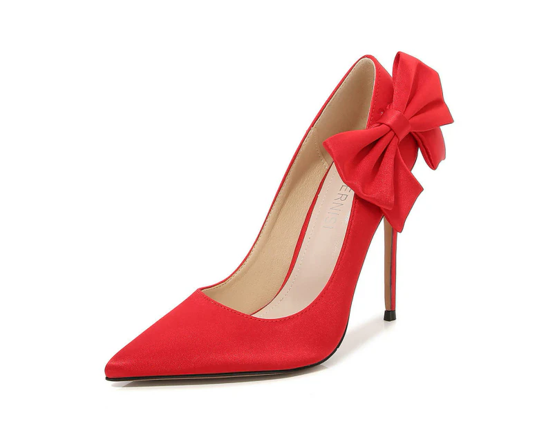 Women's Closed Toe High Heels Dress Pointed Toe Pump Bow Shoes-red