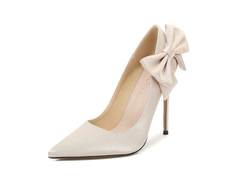 Women's Closed Toe High Heels Dress Pointed Toe Pump Bow Shoes-Apricot color