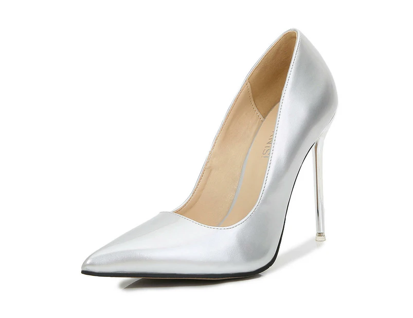 Women's High Stiletto Heels Pointed Toe Slip-on Pumps Shoes-silvery