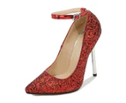 Women's Pointed Toe Sequins Pumps Stiletto High Heels Shoes-red