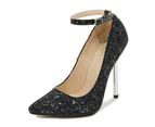 Women's Pointed Toe Sequins Pumps Stiletto High Heels Shoes-black
