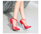 Women's Pointed Closed Toe Stiletto Heel Ankle Strap Pumps-red