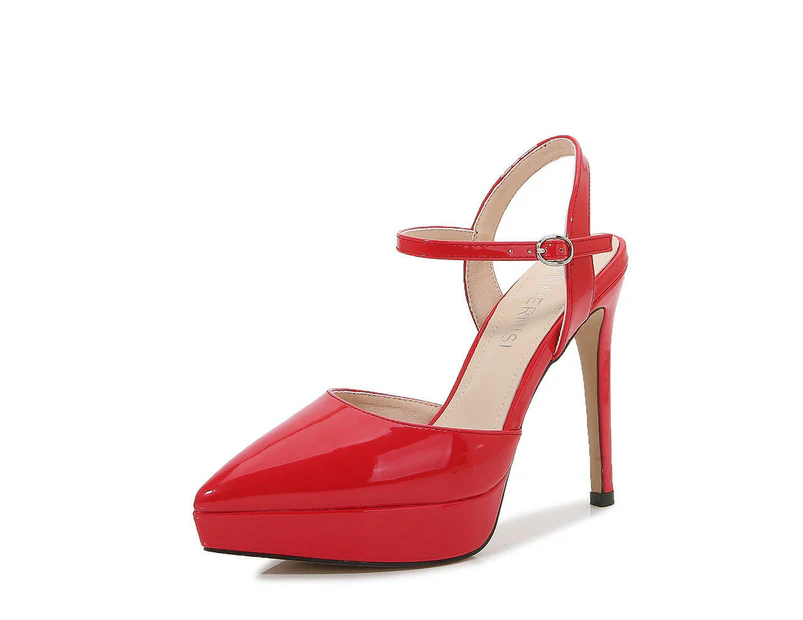 Women's Platform High Heels Closed Pointed Toe Stiletto Ankle Strap Pumps-red