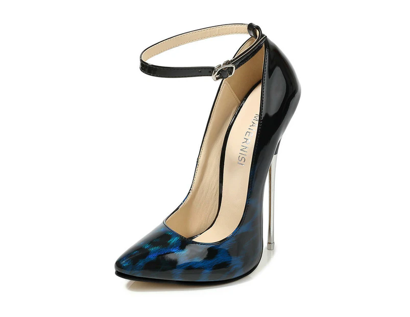 Women's Pointed Toe Stiletto Heels Ankle Strap Pumps Dress Shoes-blue