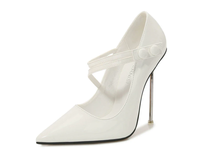 Women's Pointed Closed Toe Heels Pumps Stiletto High Heels Cross Strap Dress Shoes-white