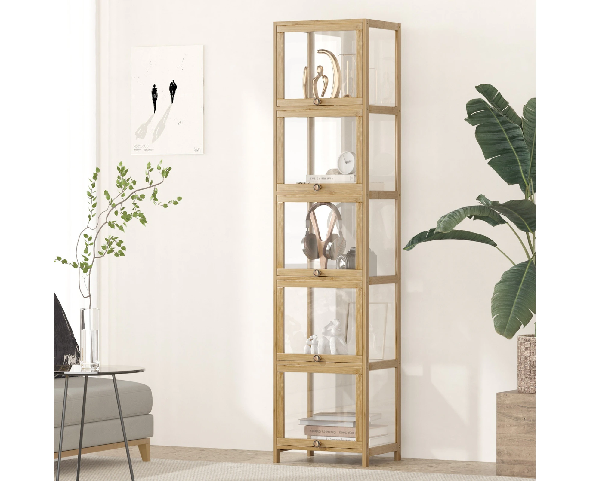 Oikiture Display Cabinet Slim Storage 5-Tier Shelves Clear Bookcase Rack Oak