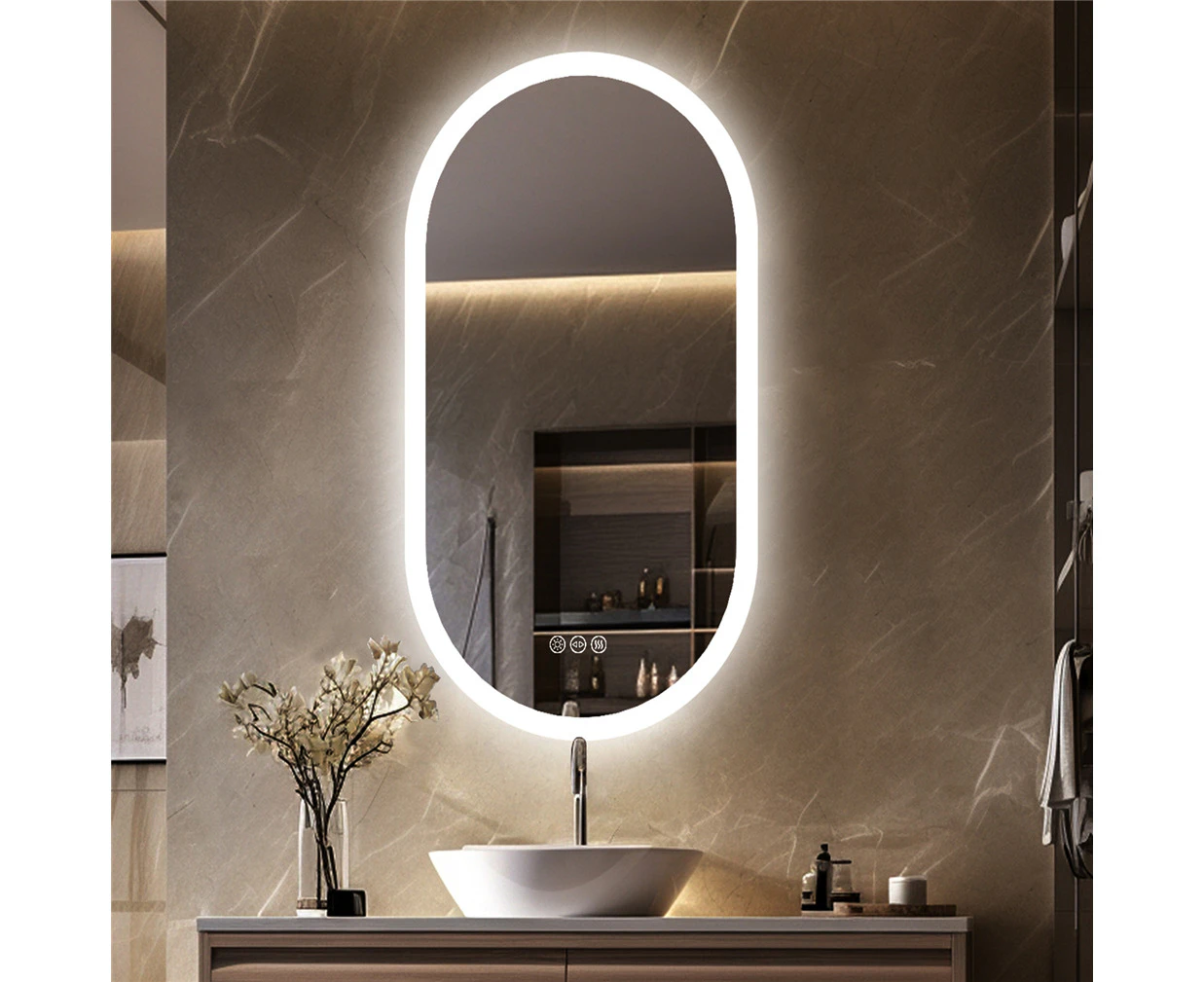 Oval LED Backlit Bathroom Mirror 3 Color Dimmable Horizontally Vertically Mounted Mirrors