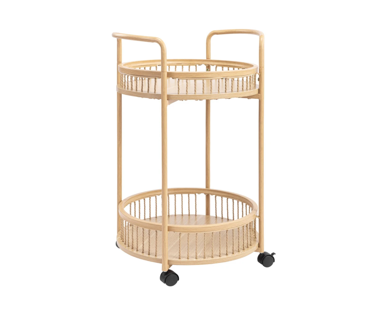 Avayah Round Trolley Caddy Mobile Cart with shelf Oak Woodgrain