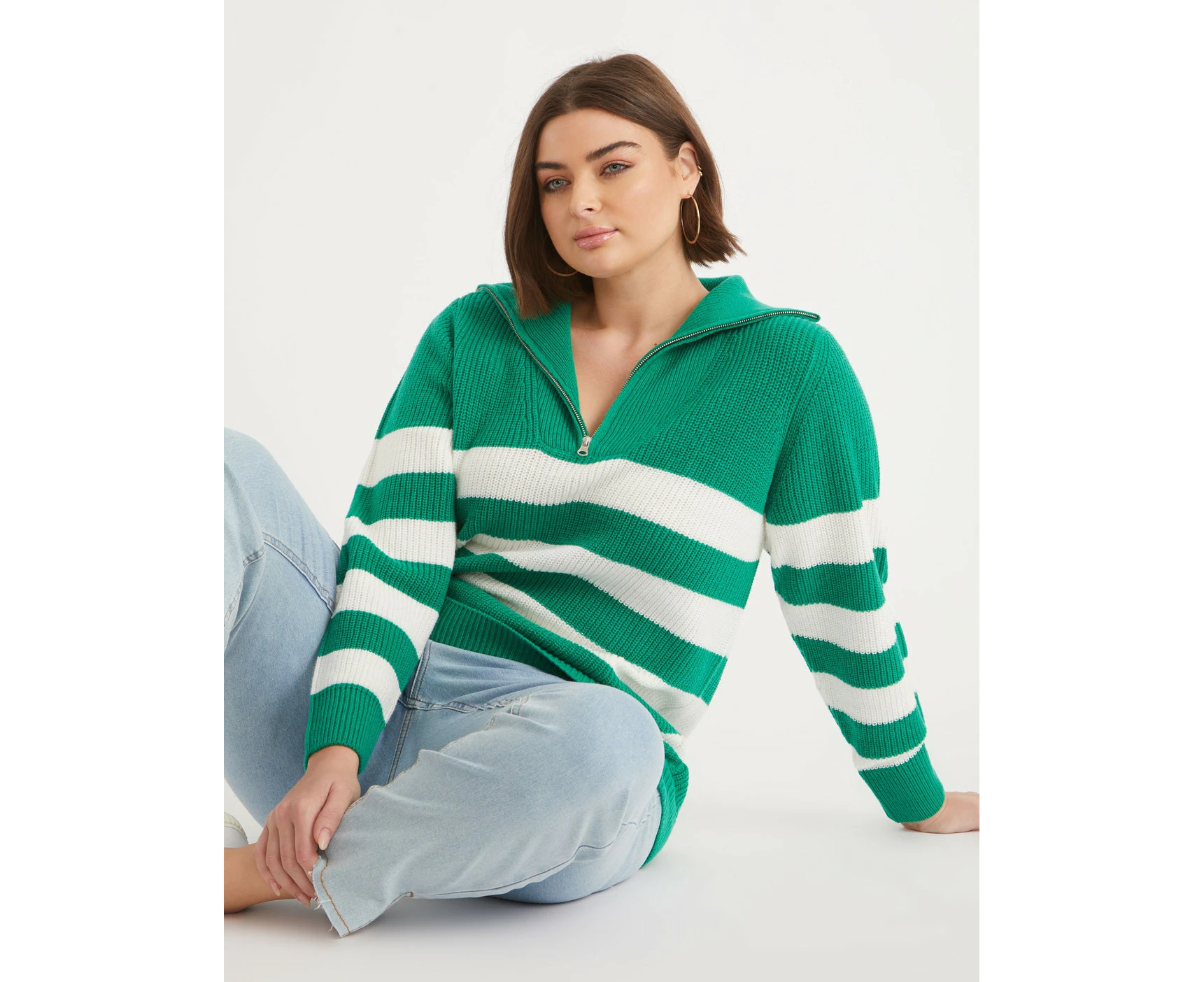 BeMe - Plus Size - Womens Jumper -  Stripe Zip Neck Jumper - Green