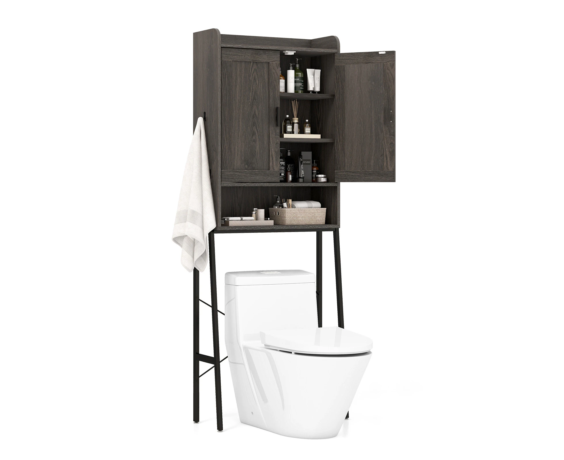 Giantex Over the Toilet Cabinet 4-Tier Bathroom Storage Shelf Space Saver w/Doors/Hooks/Adjustable Shelf Grey