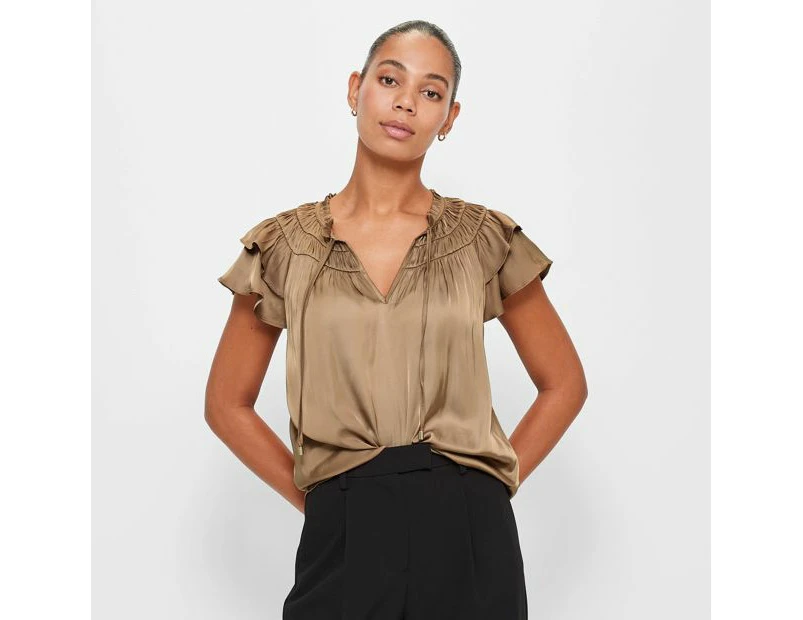 Flutter Sleeve Shirred Blouse - Preview - Brown