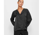 Long Sleeve Drape Neck Blouse - Preview - Black