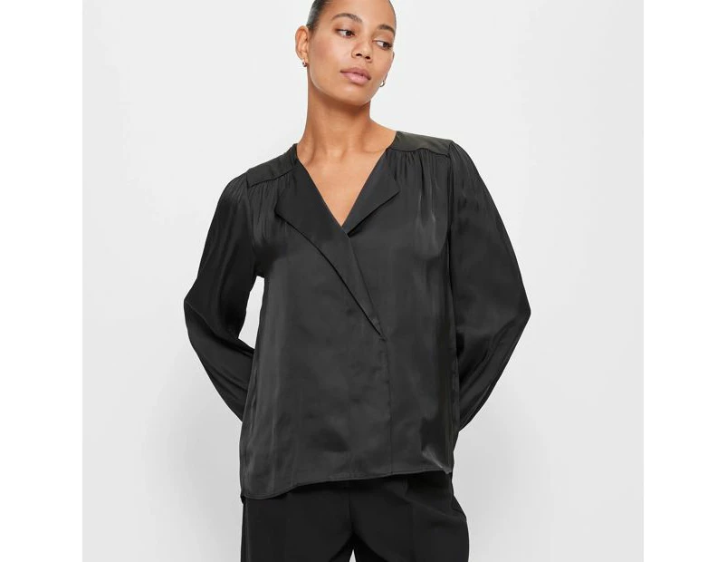 Long Sleeve Drape Neck Blouse - Preview - Black