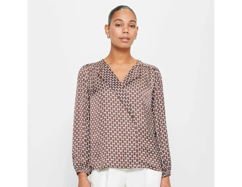 Long Sleeve Drape Neck Blouse - Preview - Brown