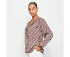 Long Sleeve Drape Neck Blouse - Preview - Brown