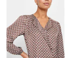 Long Sleeve Drape Neck Blouse - Preview - Brown