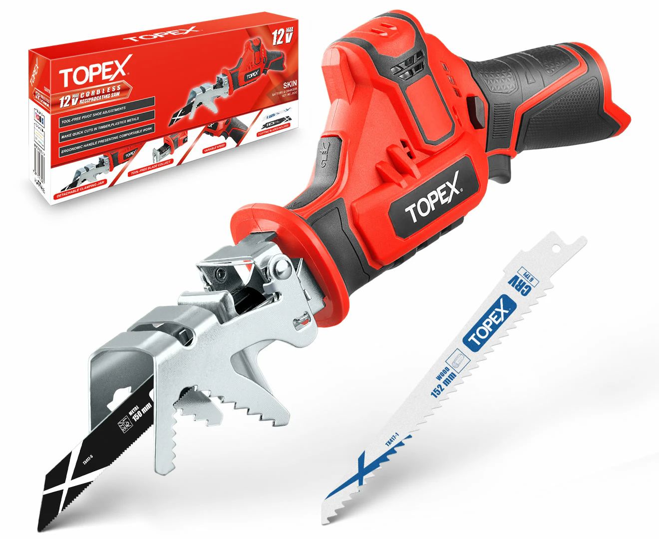 TOPEX 12V Cordless Reciprocating Saw w/ 2 Saw Blades & Clamping Claw Cutting Depth 65 mm Skin Only without Battery