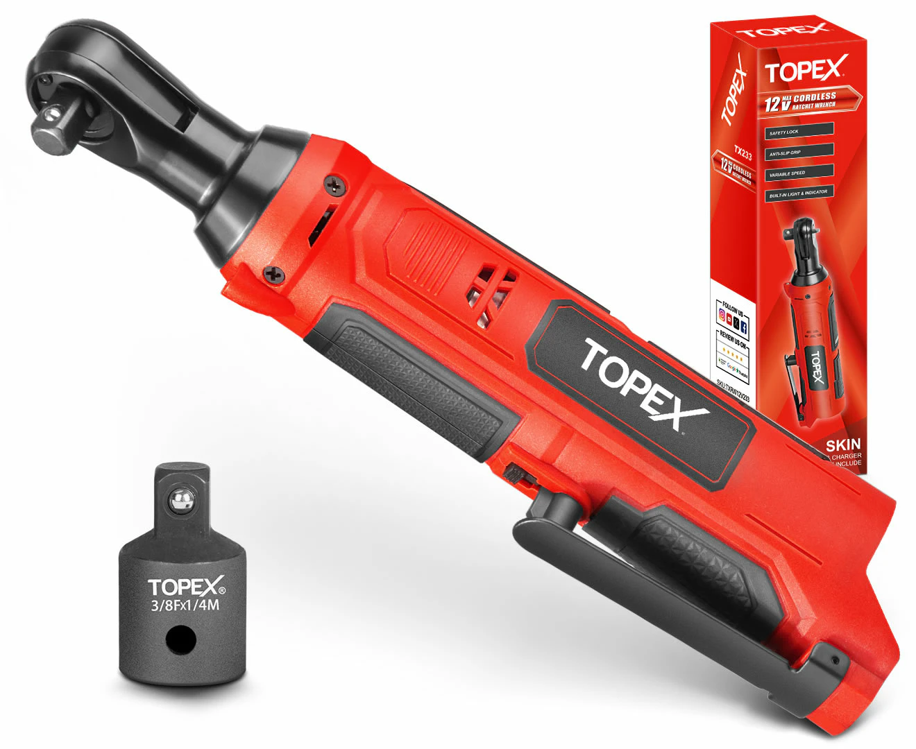 TOPEX 3/8" 12V Cordless Electric Ratchet Wrench 45NM 300RPM Variable Speed & LED Light Skin Only without Battery