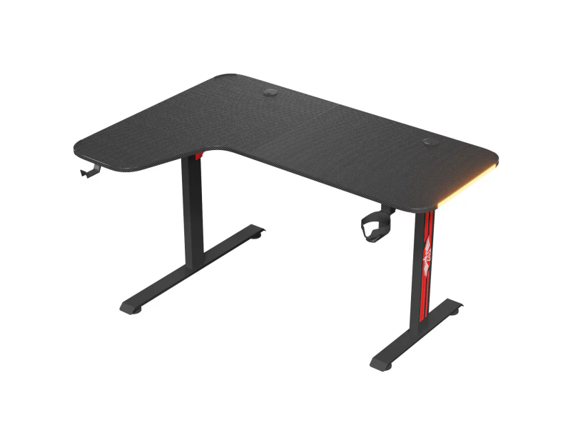 Ufurniture Gaming Desk L Shaped Desk with Led Light, Black Computer Desk Carbon Fiber  Desktop Office Desk, 140cm Large Desk