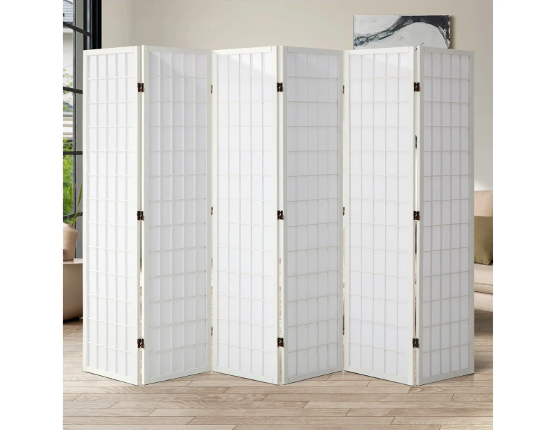 Oikiture 6 Panel Room Divider Privacy Screen Partition Timber Farbic White