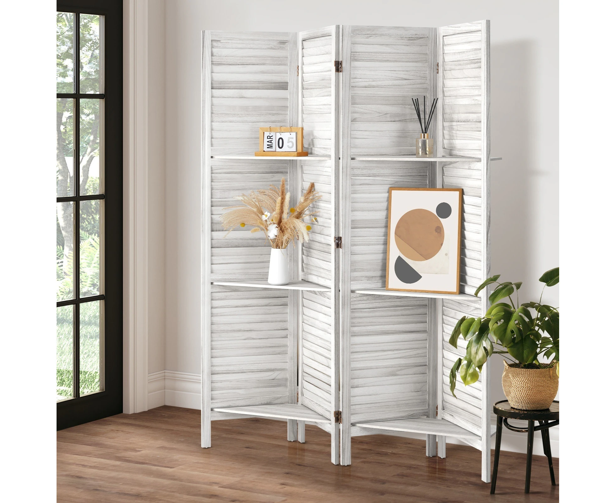 Oikiture 4 Panel Room Divider Privacy Screen With Shelves Timber Wooden White