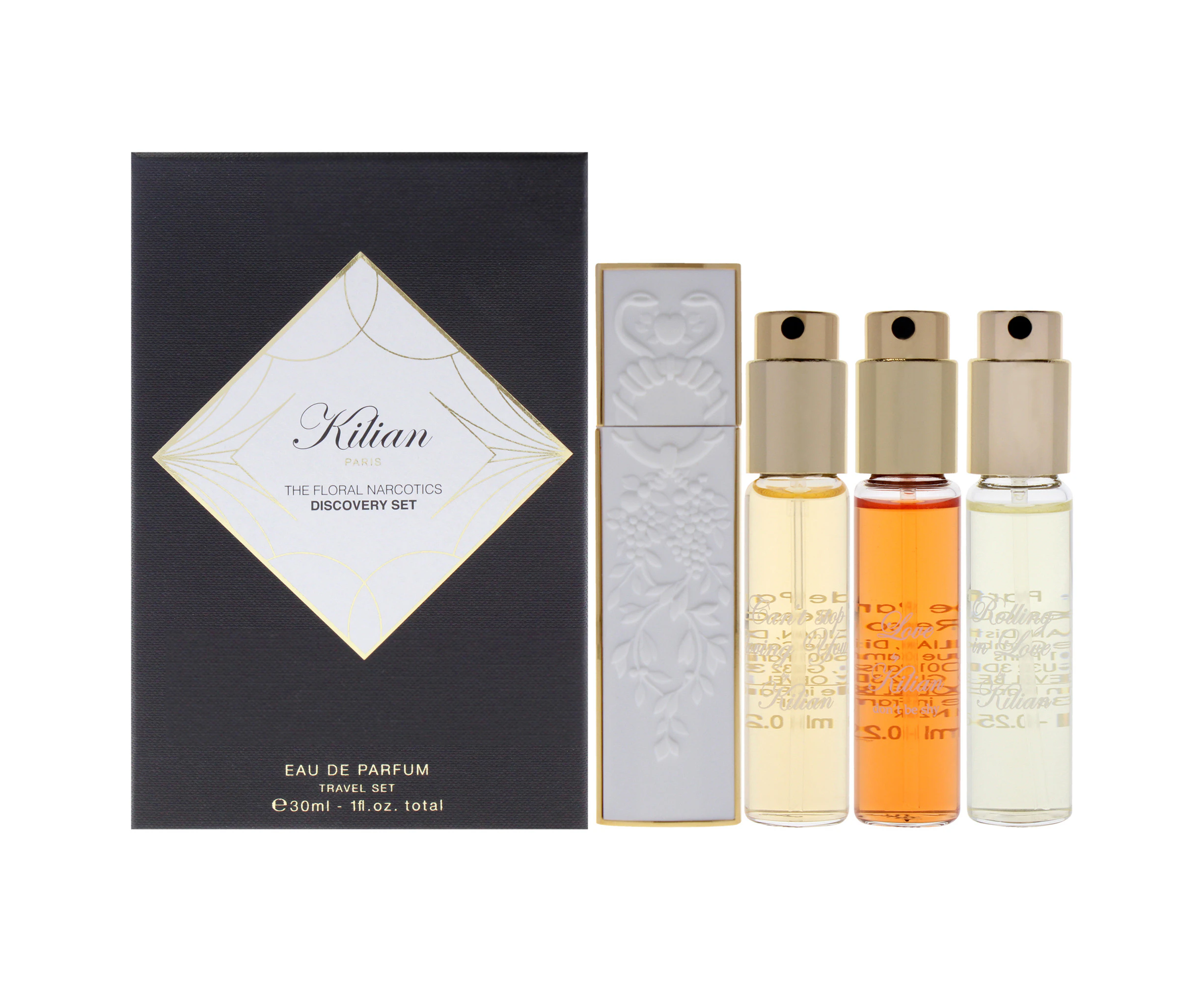 Kilian The Floral Narcotics Discovery Set by Kilian for Unisex - 5 Pc Mini Gift Set 0.25oz Love Dont Be Shy EDP Spray (Refill), 0.25oz Cant Stop Loving ...