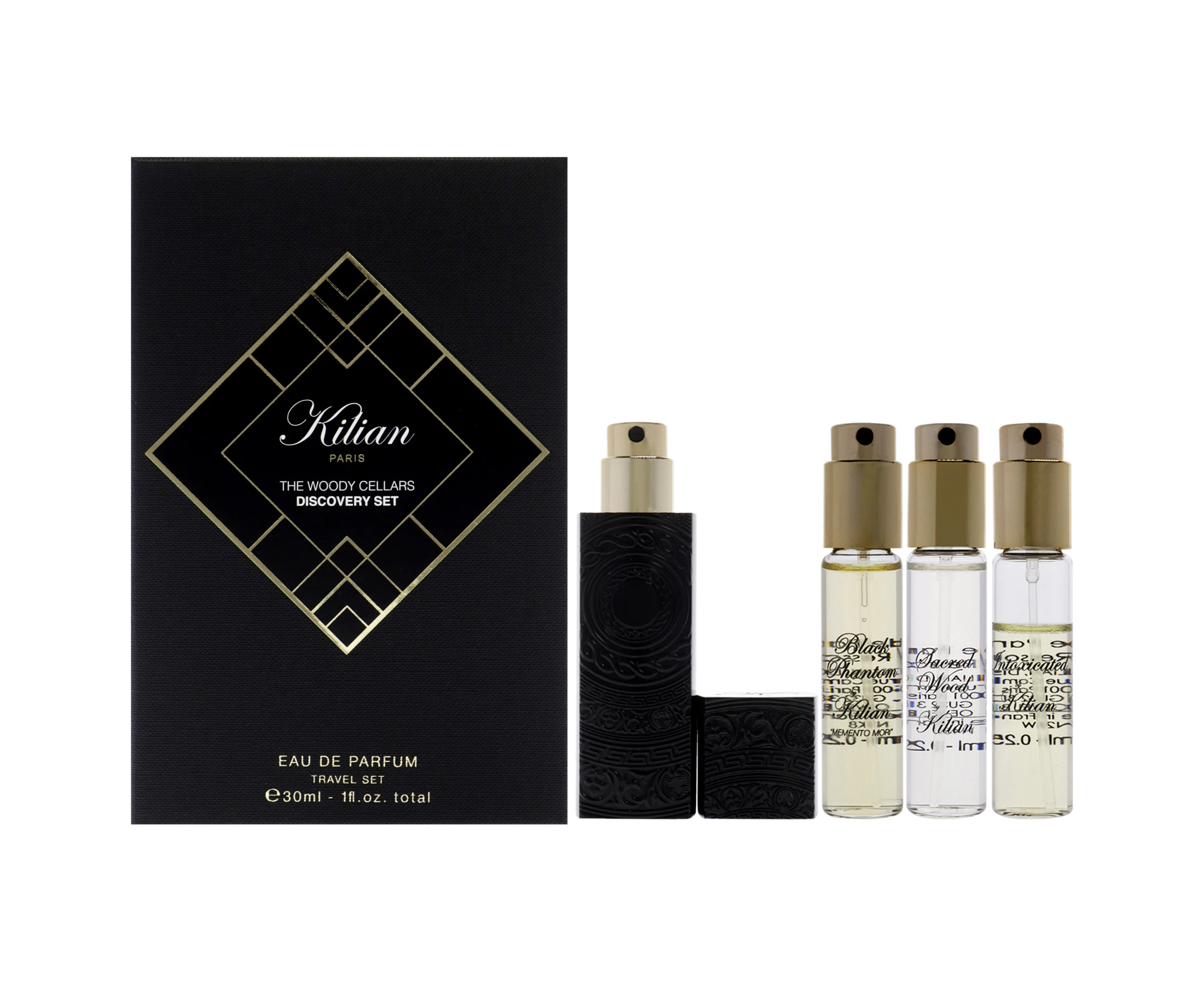 Kilian The Woody Cellars Discovery Set by Kilian for Unisex - 5 Pc Mini Gift Set 0.25oz Straight to Heaven EDP Spray (Refill), 0.25oz Memento Mori EDP S...