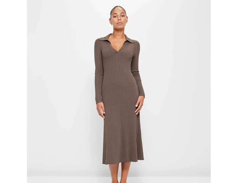 Long Sleeve Collared Rib Polo Dress - Preview - Brown