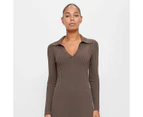 Long Sleeve Collared Rib Polo Dress - Preview - Brown