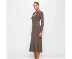 Long Sleeve Collared Rib Polo Dress - Preview - Brown