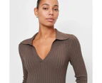 Long Sleeve Collared Rib Polo Dress - Preview - Brown