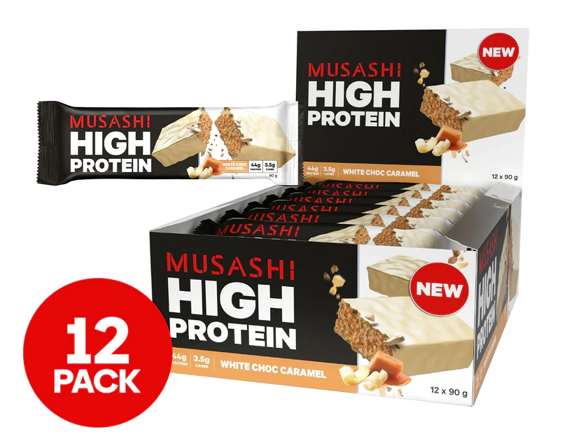 12 x Musashi High Protein Bar White Choc Caramel 90g