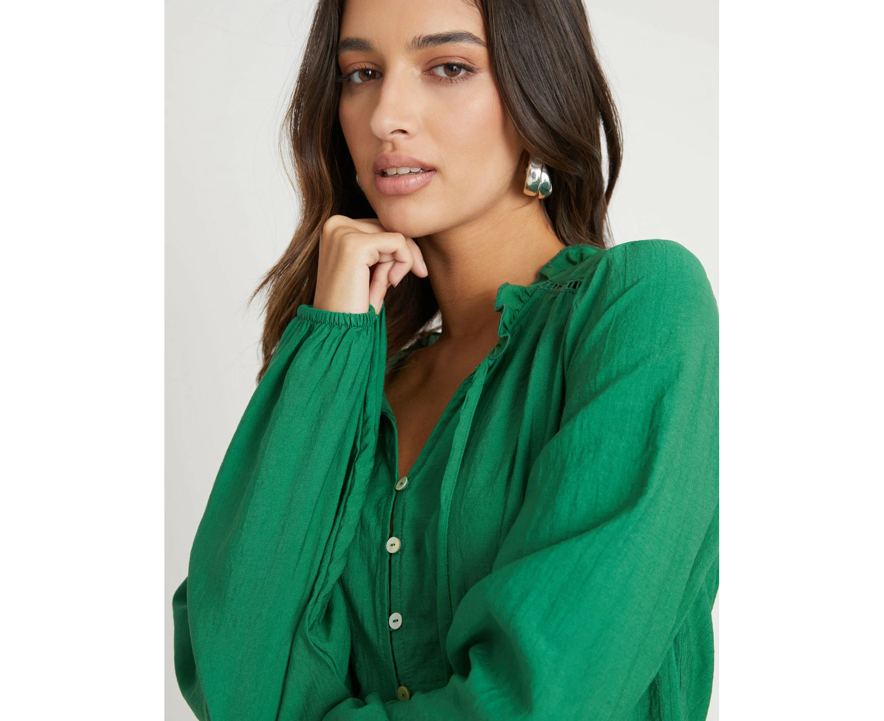 Rockmans - Womens - Tops - Winter - Blouse / Shirt - Green - Long Sleeve - V Neck - Solid Autumn - Length Long - Relaxed Fit - Casual Work Clothes