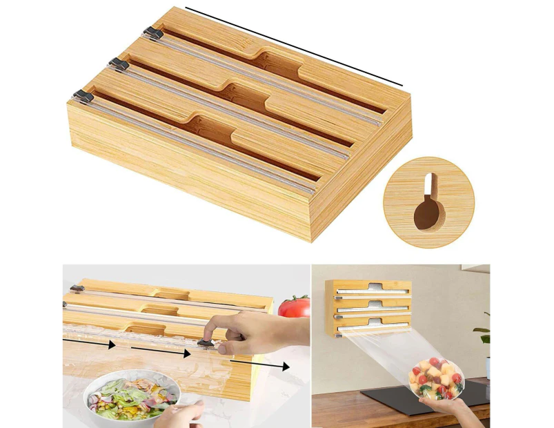 Bamboo Food Wrap Dispenser Cutter Foil Cling Film Storage Holder Box Kitchen