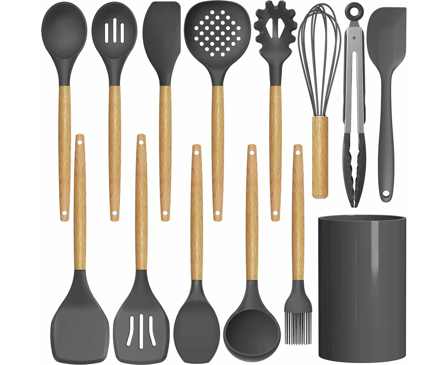 Set of 14 Silicone Utensils Set Wooden Cooking Kitchen Baking Cookware ~ Grey-Black