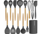 Set of 14 Silicone Utensils Set Wooden Cooking Kitchen Baking Cookware ~ Grey-Black