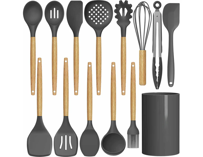 Set of 14 Silicone Utensils Set Wooden Cooking Kitchen Baking Cookware ~ Grey-Black