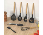 Set of 14 Silicone Utensils Set Wooden Cooking Kitchen Baking Cookware ~ Grey-Black