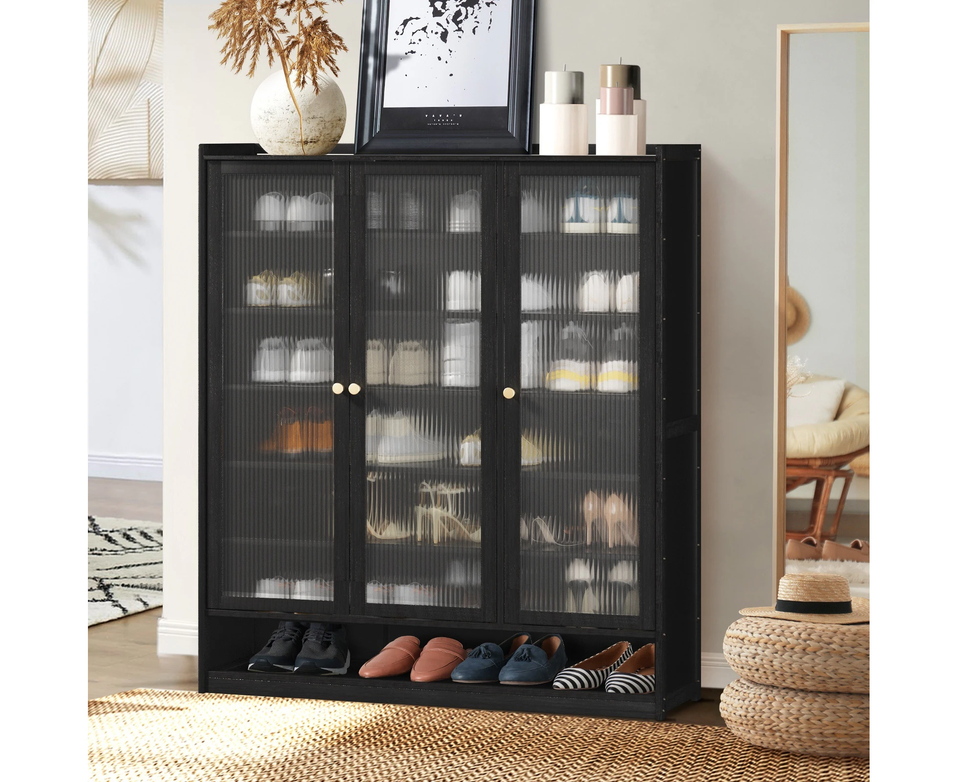 Oikiture Shoe Cabinet Shoes Storage Rack Organiser 3 Doors Shelf Black