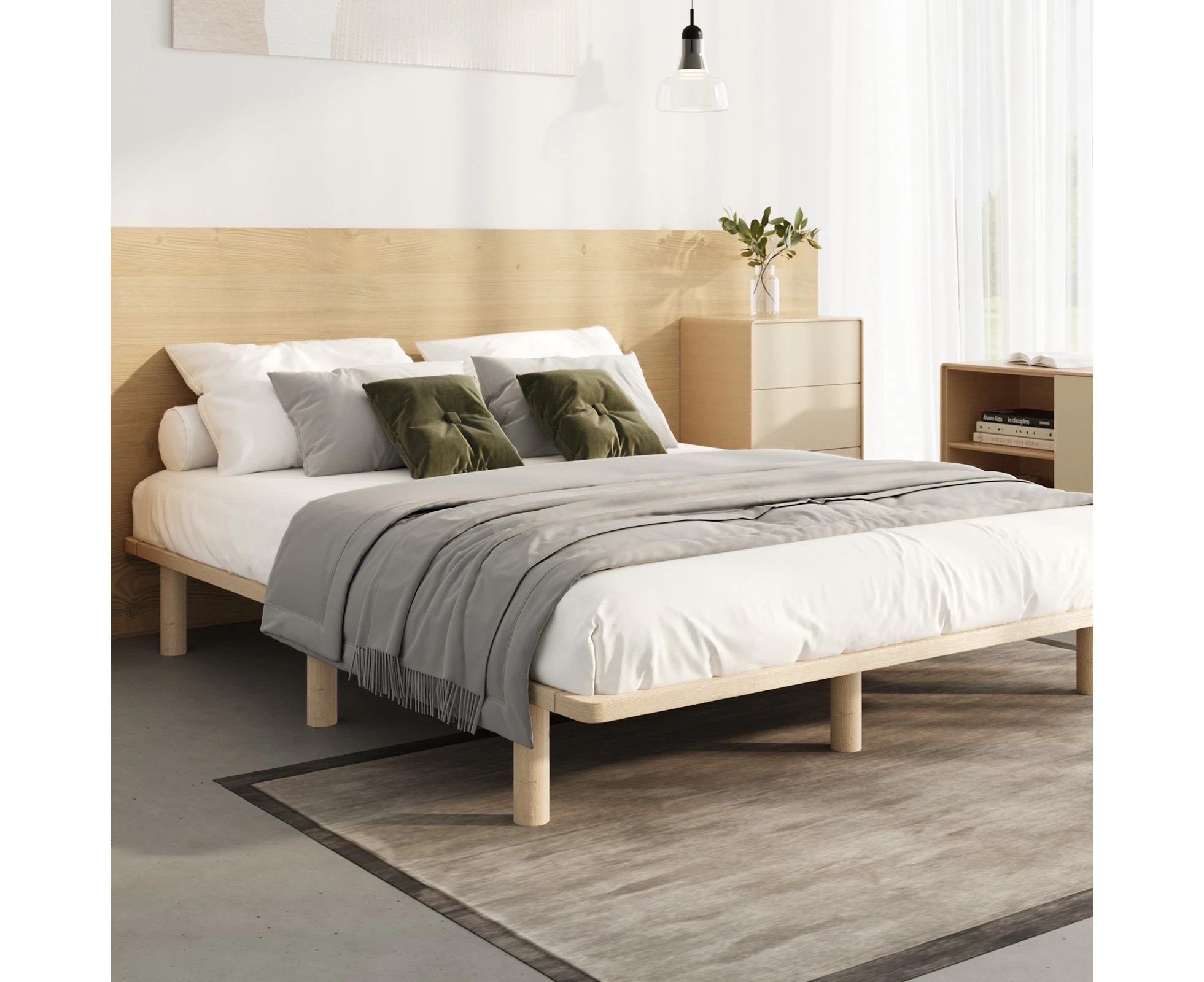 Oikiture Bed Frame Queen Size Wooden Bed Base Solid Slats