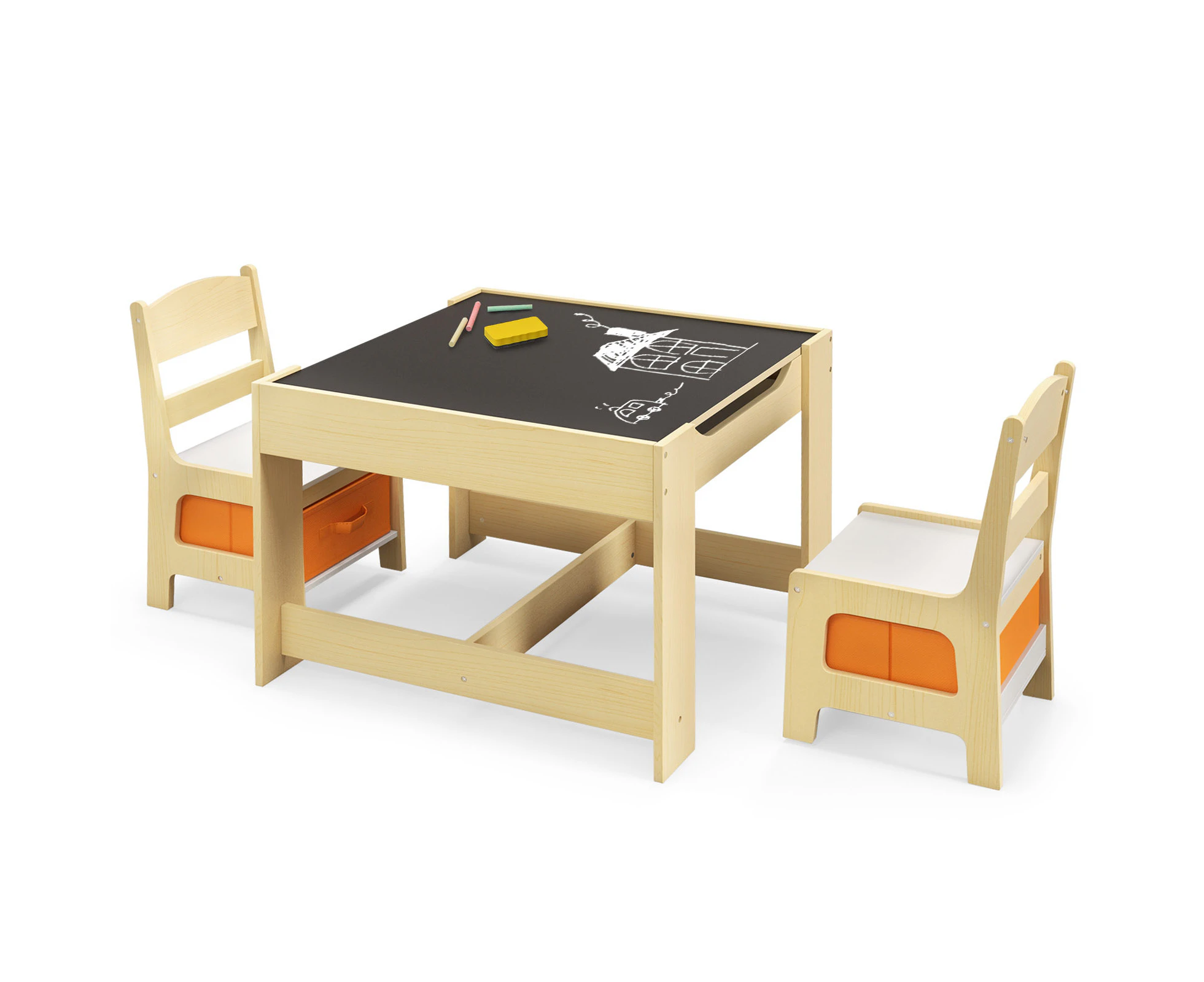 Giantex 3 in 1 Kids Wooden Table & 2 Chair Set Children Desk Sets w/Storage Drawer for Drawing Eating Reading,Natural