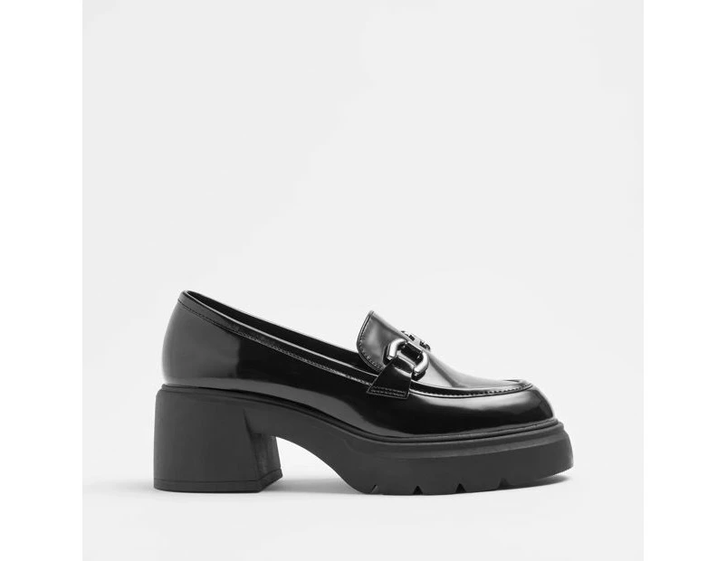 Womens Chunky Metal Heel Loafer - Lily Loves - Black