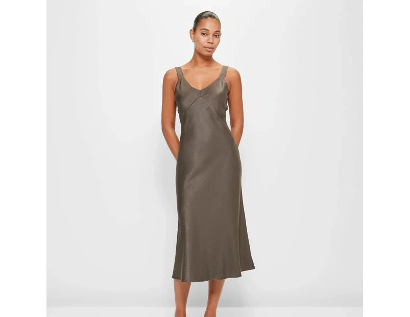 Satin V-Neck Slip Dress - Preview - Brown